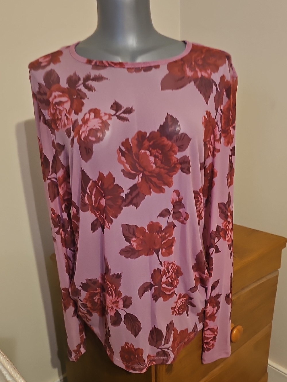 TORRID Pink Sheer Long Sleeve Floral Top with Red Rose Print.